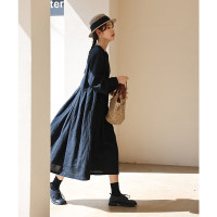 可然琉月 100%法國石紋褶皺亞麻2023秋季新款小黑裙中長版洋裝