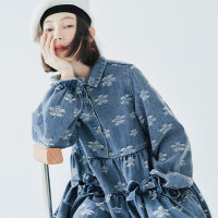 imakokoni 初秋提花牛仔洋裝女中長版蝴蝶結長袖大擺裙子223792