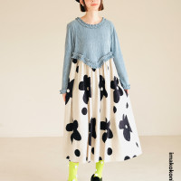 imakokoni 原創小眾藍色壓皺花朵拼色洋裝女秋冬長版裙子223894