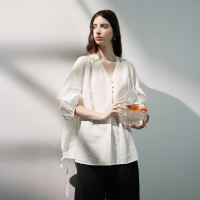 半圓原創設計2023夏季新款素色襯衫疊褶V領遮肉顯瘦成衣普洗親膚