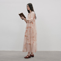 桑蠶絲半圓原創設計2023夏季新款不對稱抽皺印花洋裝A型裁剪