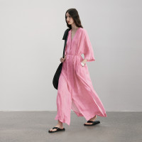 半圓原創設計2023夏季新長版開衩洋裝V領設計吸濕透氣修飾頸部