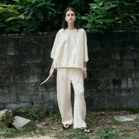 匹馬棉鹽縮半圓原創2023夏季新款抽繩套頭襯衫親膚透氣直身H廓形