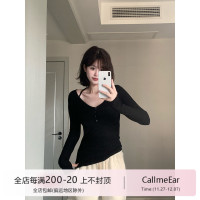 CallmeEar//【心機內搭】黑色百搭打底衫掛頸設計感顯瘦V領上衣