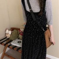 Pumpkin韓國早秋ins無袖絲絨復古黑色花朵法式長版大擺拖地洋裝