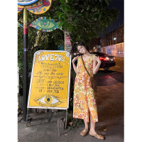 Roundshop | 夏日漫川野"古著麻棉花色無袖背心裙  定製面料復古