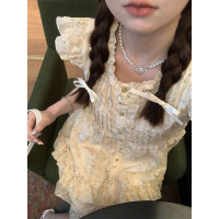 【現貨】 im向春葉黃花甜美1/4吋套筒扳手袖洋裝女布裏奇繡線碎花娃娃裙