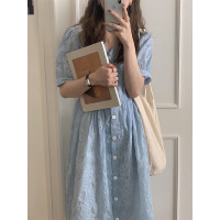 【現貨】im向 藍色奶甜溫柔洋裝女夏小個子泡泡袖少女風娃娃裙