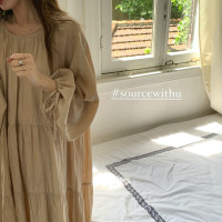 SourceWithU 短袖/長袖 亞麻寬鬆洋裝長版遮肉奶茶色法式裙