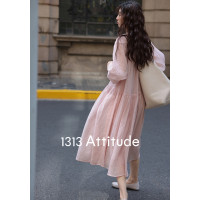 【現貨】1313初戀粉溫柔66%天絲洋裝夏女燈籠長袖顯瘦氣質長裙