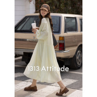 1313泡泡袖天絲棋盤格紋洋裝2023女夏V領氣質長裙