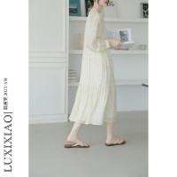 LUXIXIAO洋裝2023新款寬鬆繫帶素描設計感韓版長袖圓領襯衫裙女