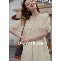 【現貨】1313重工藝！法式米杏V領中長茶歇裙2023夏女短袖洋裝