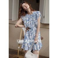 【現貨】1313新中式古典溫柔釉藍印花短裙2023女荷葉邊收腰洋裝