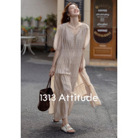 【現貨】精緻溫柔摯愛！1313裸粉色84%天絲法式短袖度假長洋裝