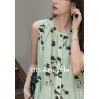 1313法式田園度假風！亮眼青提綠薴麻天絲吊帶裙夏女顯瘦長裙