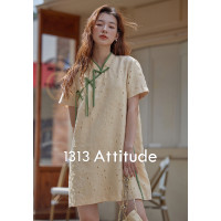 1313提花新中式盤扣改良旗袍小黑裙短袖2023夏季女流蘇短裙洋裝