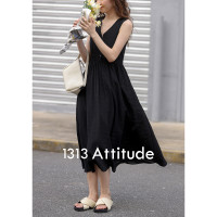 1313古典赫本風無袖背心裙長裙2023夏女肌理感氣質百搭黑色洋裝