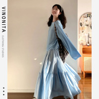 裙子仙女超仙森系小個子藍色高腰a字長裙半身裙女大裙擺顯瘦氣質