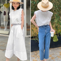 AHANITA 80支棉 花瓣無袖襯衫 套裝半身裙 上衣 高腰半鬆緊不規則