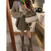 Yukiss卡其色西裝百褶裙短裙女秋韓系高腰遮胯修身顯瘦顯腿長裙子