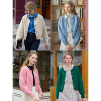 SimpleRetro簡約圓領100%羊毛針織開衫女2023秋季復古金屬扣毛衣