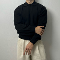 純色針織Polo衫男士秋季新款韓版潮流高級感翻領半拉鍊長袖上衣潮