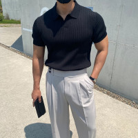 翻領男士針織polo衫短袖夏季薄款純色豎條紋修身休閒彈力t恤半袖