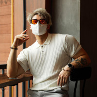 新款夏季純色針織豎條紋POLO衫男百搭寬鬆運動休閒翻領短袖T恤衫