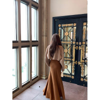 Norain不下雨 復古咖色半身裙女秋冬高腰顯瘦羊毛針織魚尾A字長裙