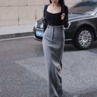 小麗XIAOLI灰唱片黑色高腰包臀西裝半身長裙秋冬復古顯瘦直筒裙子