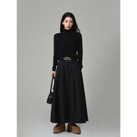 SIXI四喜家秋冬 不挑身材黑色百褶垂墜闊裙A字半身裙女寬鬆西裝裙