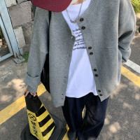 SIXI四喜家春季 兩粒扣圓領毛衣開衫女寬鬆純色慵懶針織外套上衣