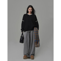 SIXI四喜家秋冬 手縫線跡撞色圓領套頭針織毛衣女寬鬆設計感上衣