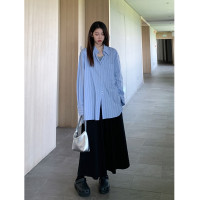 SIXI四喜家春夏 小銀扣條紋襯衫女寬鬆設計感開叉大版襯衫薄外套