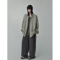 SIXI四喜家秋季 鬆弛肌理感復古格子襯衫女寬鬆內搭疊穿休閒襯衣