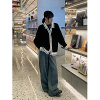 SIXI四喜家春季 撞色翻領小香毛衣開衫女慵懶風小眾寬鬆薄針織衫