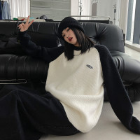 SIXI四喜家春季 撞色拼接插肩袖毛衣女慵懶寬鬆圓領套頭針織外套