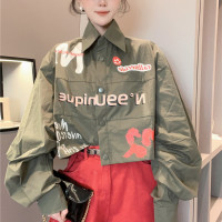 拼色字母襯衫女寬鬆泡泡袖polo領單排扣短上衣歐貨2023夏季新款