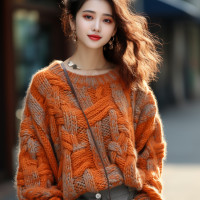 今年流行漂亮橘色小香風粗線毛衣外套女2023新款爆款高端歐貨上衣