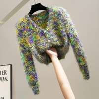 時尚彩色粗線毛絨絨鉤織V領長袖毛衣寬鬆顯瘦軟糯氣質短款毛衣潮