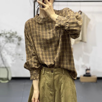 古與色秋季文藝復古圓領寬鬆減齡套頭襯衫休閒長袖格子亞麻襯衫女