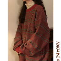 NAGA自制秋冬美式復古超好看古著感條紋毛衣女日系慵懶風針織衫潮