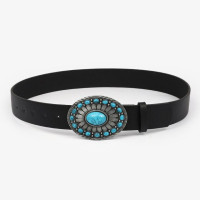 Ремень из искусственной кожи Женский, модный пояс в ретро стиле, с мозаикой, драгоценными камнями, бирюзовым узором, с металлической пряжкой, подарок