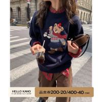 你好卡農 原創小熊提花圓領套頭毛衣女秋季新款寬鬆連帽針織上衣