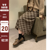 陸小團團格紋中長版半身裙2023冬季新款奶系穿搭美拉德風設計裙子