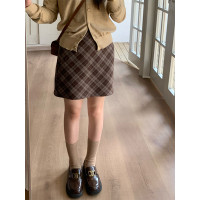 cozydays 美式復古咖啡色格紋半裙女秋季溫柔氣質格子高腰a字短裙