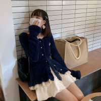 吾小智 | 氣質姐姐系 收腰顯白深藍色柔軟仿貂毛毛衣開衫外套冬季