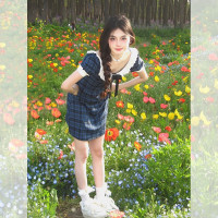 明星同款蕾絲方領撞色設計感小個子收腰顯瘦格紋A字洋裝女夏