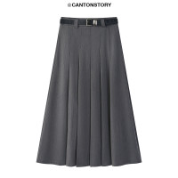 灰色西裝百褶半身裙女2023年秋季新款學院風小個子高腰a字中長版
